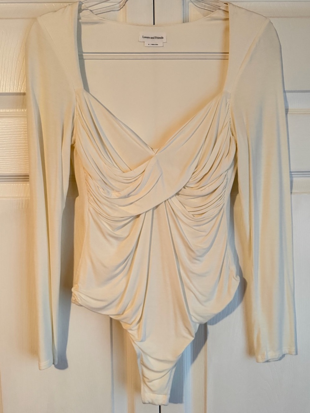 Lovers + Friends Ivory Draped Twist-Front Long Sleeve Bodysuit